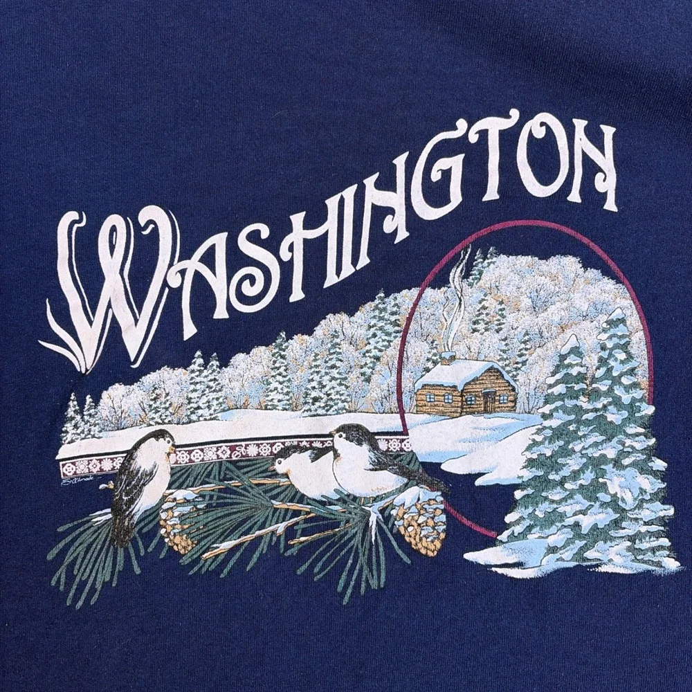 Vintage Jerzees Washington Cabin Winter Scene Sweatshirt Navy Blue Large